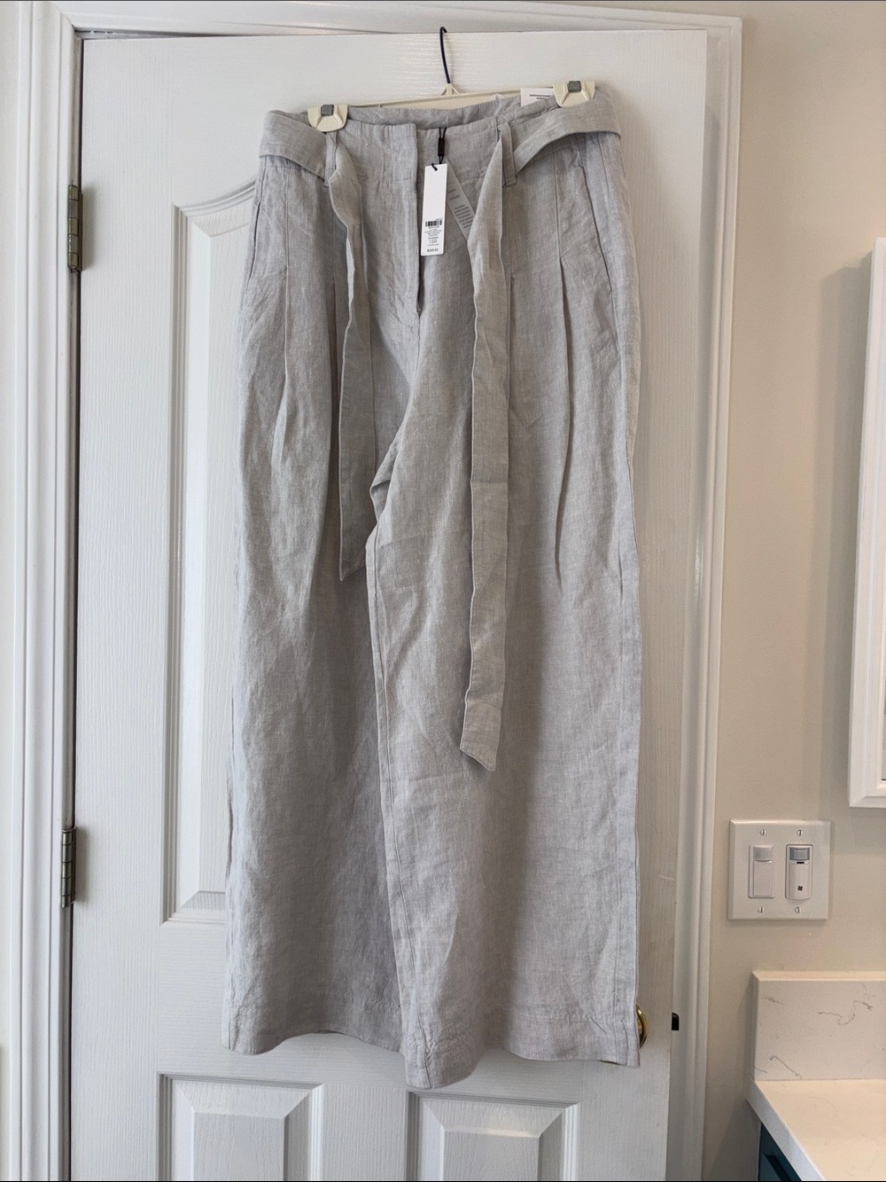 Light Gray Linen Tie-Waist Wide Leg Pants
